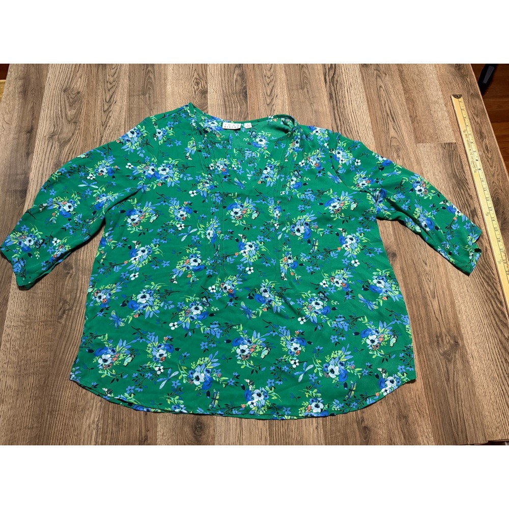 Joan Rivers Shirts Womens L Green Floral Print V-Neck Pleated Front 3/4 Sleeve
